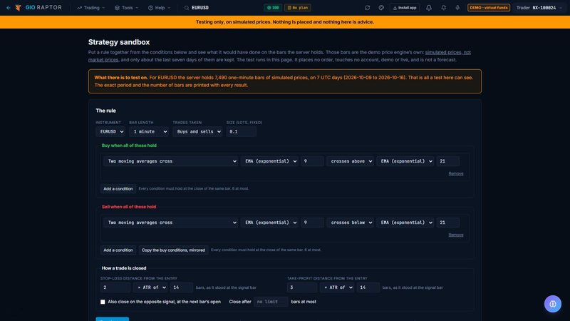 Screenshot of Strategy Lab in 777 Raptor, on a demo account