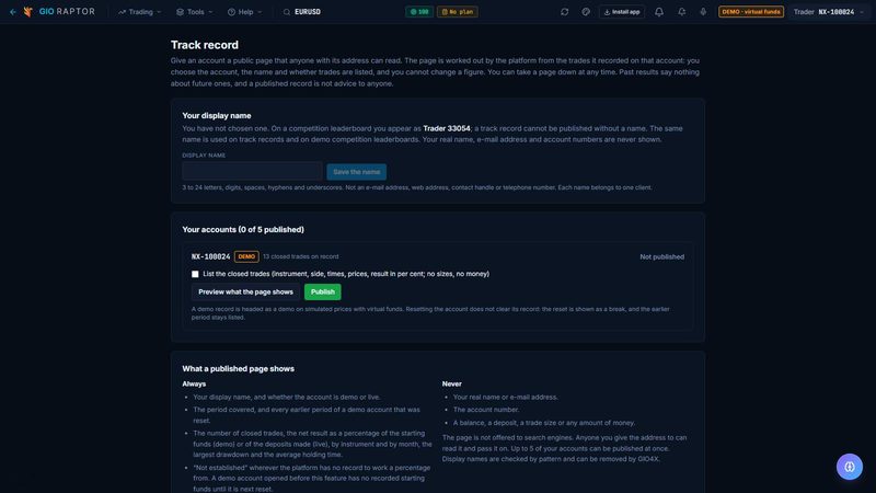 Screenshot of Track record in 777 Raptor, on a demo account