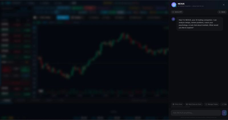 Screenshot of the panel named NEXUS in 777 Raptor: a chat panel open on the right of a dimmed chart, showing a greeting and a text box.